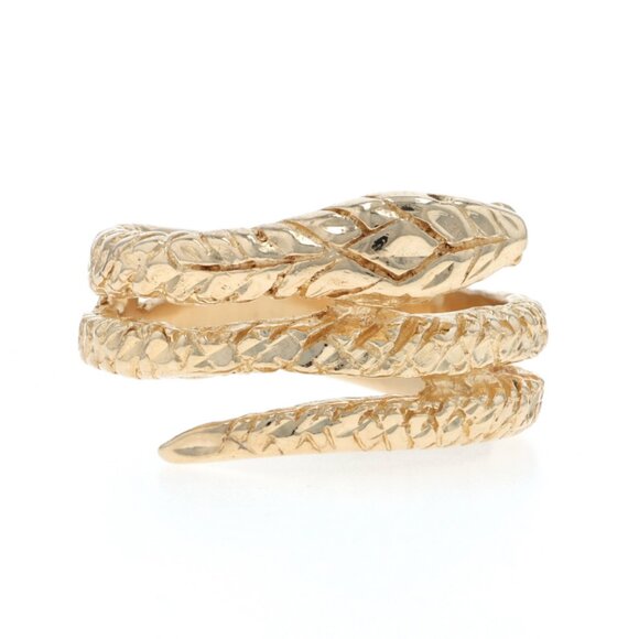 Yellow Gold Simulated Emerald Serpent Bypass Band - 14k Round Coiled Snake - Picture 1 of 6